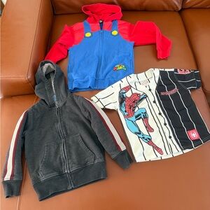 Lot of 3 Little Boy's Tops Marvel Spider-Man Jersey Mario Sherpa Lined Hoodie